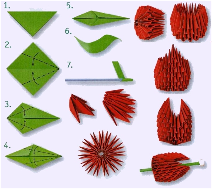 Origami von dreieckigen Modulen. Vorbereitung von Grundelementen und interessanten Crams 05