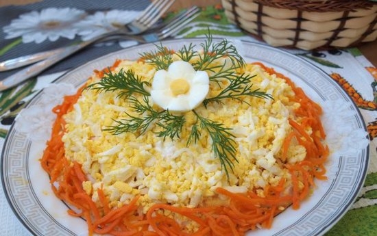 Salat mit Karotte auf Koreanisch und Hühnchen: Rezepte mit Pilzen, Orange, Käse 02