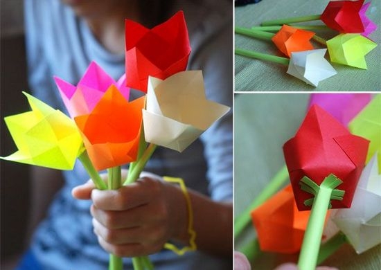 Wie aus farbigem Papier (gewellt und gewöhnlich) eine Tulpe mit eigenen Händen herstellen: Schritt-für-Schritt-Anweisungen 09