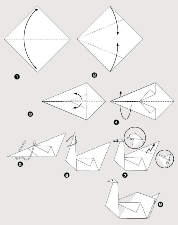 Origami-Papier: Vogel. Beschreibung und Schemata für die Herstellung von Vogelorigami 01