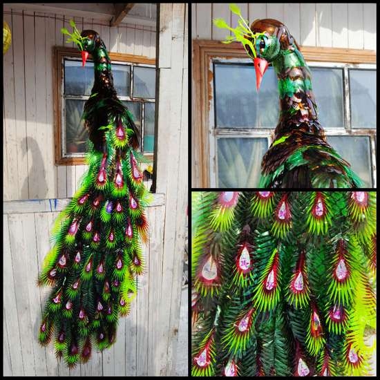 Original Deko Peacock aus Plastikflaschen: Wie man sich selbst macht? 02