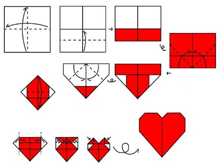 Herzorigami. Herstellungsmethoden und einfache Schemata 01