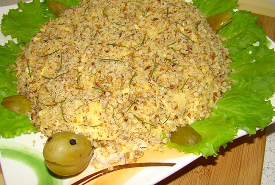 Salat «Schildkröte» mit Hühnchen und Apfel, Walnüssen, Pflaumen und anderen Zutaten 16